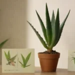Planta Aloe vera junto con ilustraciones de beneficios para la salud reproductiva y símbolos de fertilidad humana.