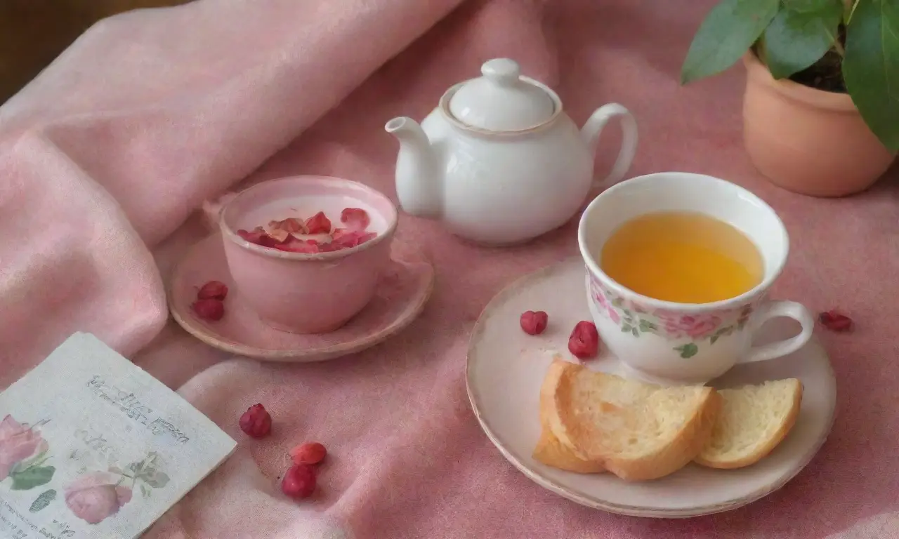 Un acogedor ambiente de té con rosas, limón y un libro en una mesa de madera