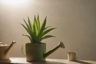 Planta sana de aloe vera junto a la lata de riego y la luz del sol que fluye.