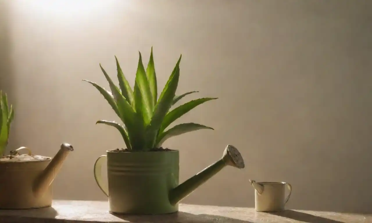Planta sana de aloe vera junto a la lata de riego y la luz del sol que fluye.