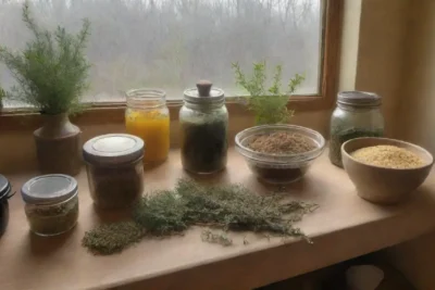 Una acogedora cocina rústica llena de hierbas