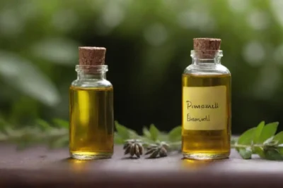 Botella botánica de aceite esencial Pimpinela con hierbas y ambiente relajante.