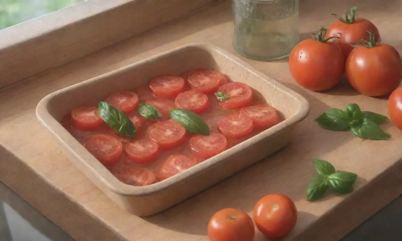Tomates frescos y hierbas en una cocina rústica ofrecen alivio para quemaduras solares