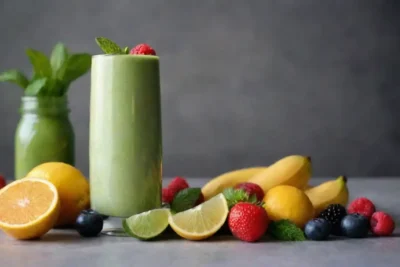 Ingredientes coloridos como menta y frutas exhibidas junto a un batido refrescante detox en un vaso.