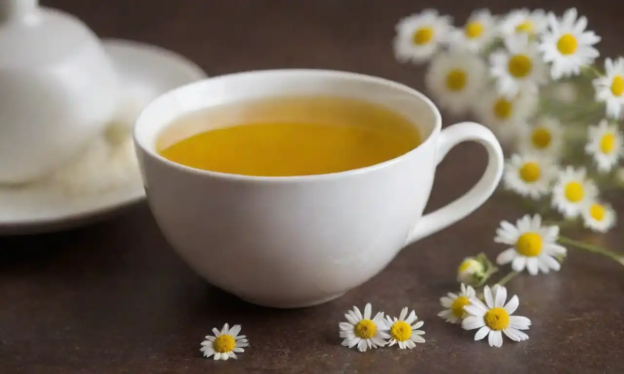 Taza de té de manzanilla con una cuchara de medición a su lado