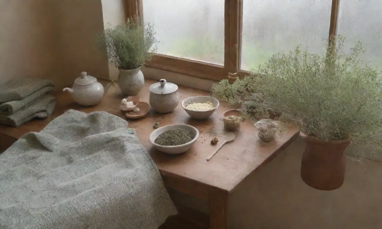Un ambiente acogedor con hierbas, té, y luz suave que invita a la relajación