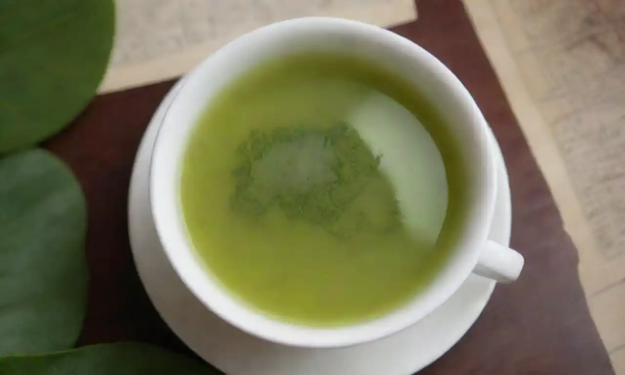 Una taza de té verde rodeada de hojas y un mapa mundial.