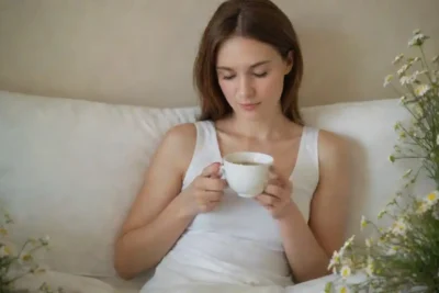 Una mujer relajante con una taza de té de manzanilla