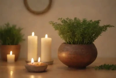 Planta Pimpinela mostrada con velas y hierbas calmantes en un entorno sereno.