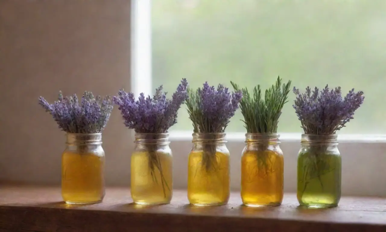 Fondo suave con hierbas, botellas de vidrio, flores blancas, aceite dorado y un ambiente acogedor