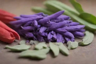 Rama de salvia fresca sobre un fondo de ingredientes saludables y coloridos.