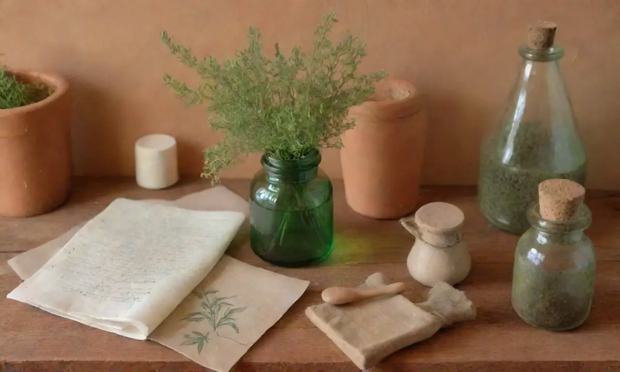 Un rincón acogedor con un fondo verde suave, hierbas, un frasco vintage y una atmósfera tranquila