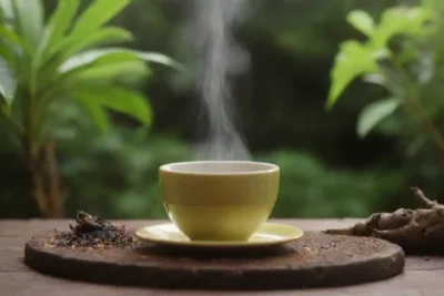 Una taza de vapor de té de bardana junto a las raíces de la bardana fresca y vegetación vibrante.