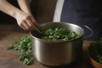 Un cronograma cocinero el proceso de hirviendo de hojas de nettle en una olla.