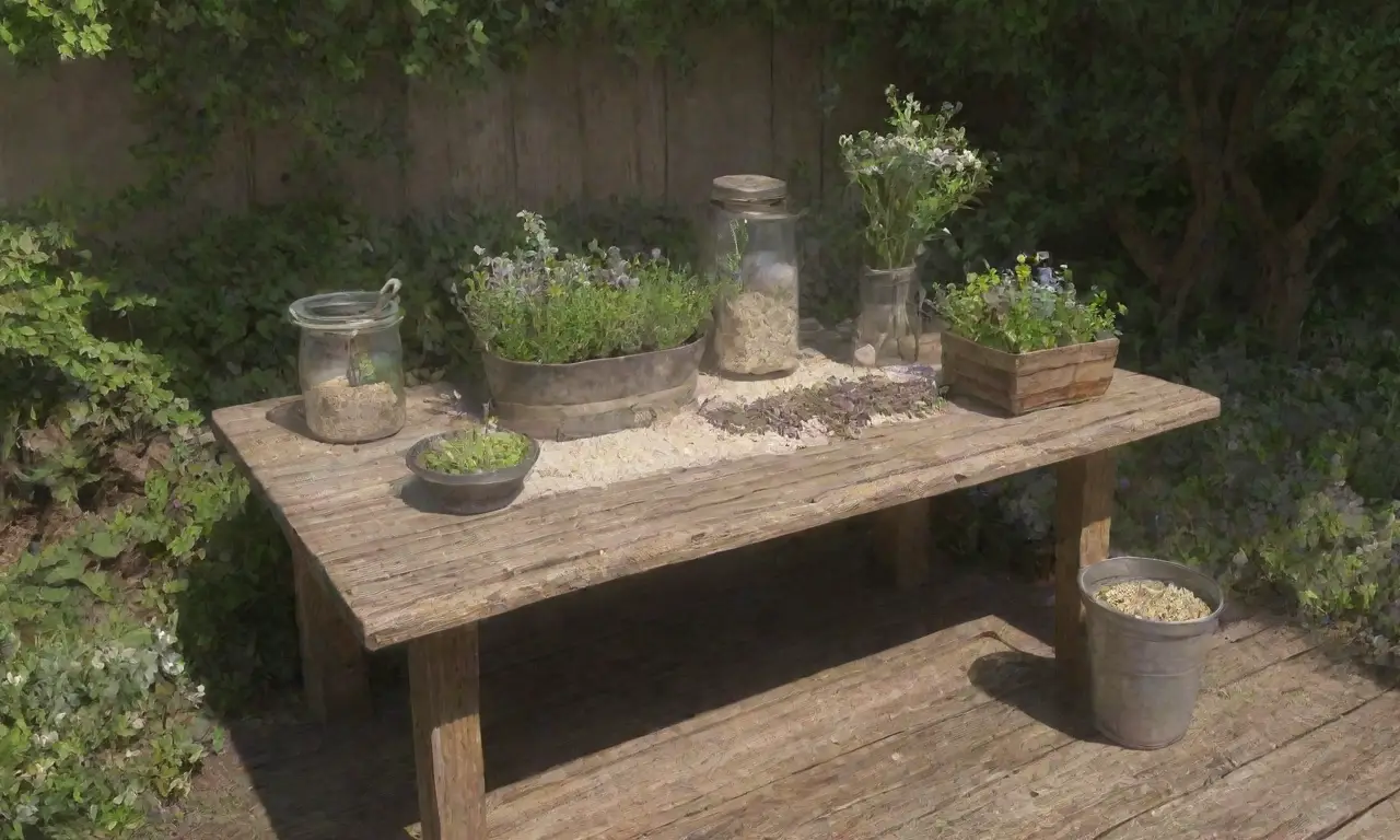 Un sereno bosque con flores, hierbas, una mesa rústica y una taza de té invita a la relajación
