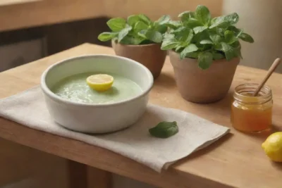 Hojas de menta frescas y otros ingredientes en una cocina rústica