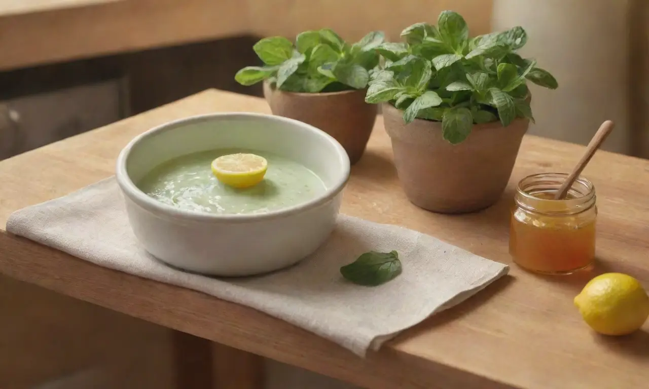 Hojas de menta frescas y otros ingredientes en una cocina rústica
