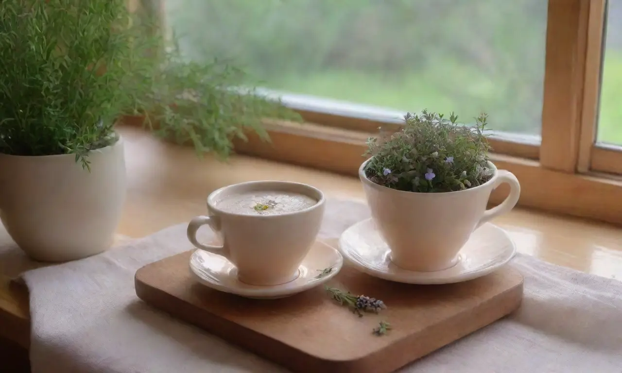 Un rincón acogedor de cocina con té de hierbas, luz suave y una mujer embarazada sonriendo