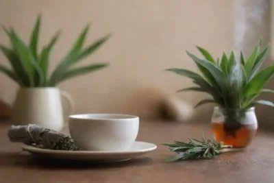 Un ramo de salvia colocado junto al té herbal y una taza de vapor