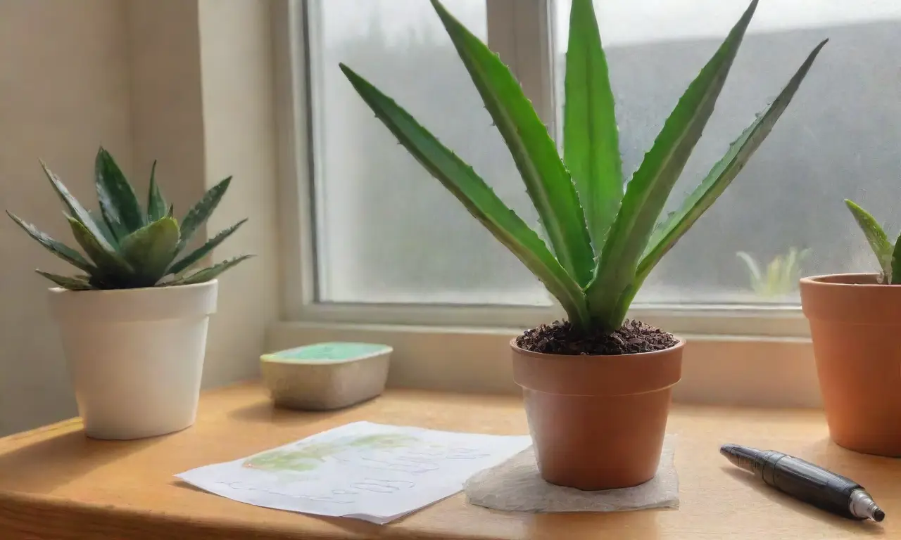 Un ambiente acogedor con una planta de aloe vera, luz suave, notas de investigación y una taza de té