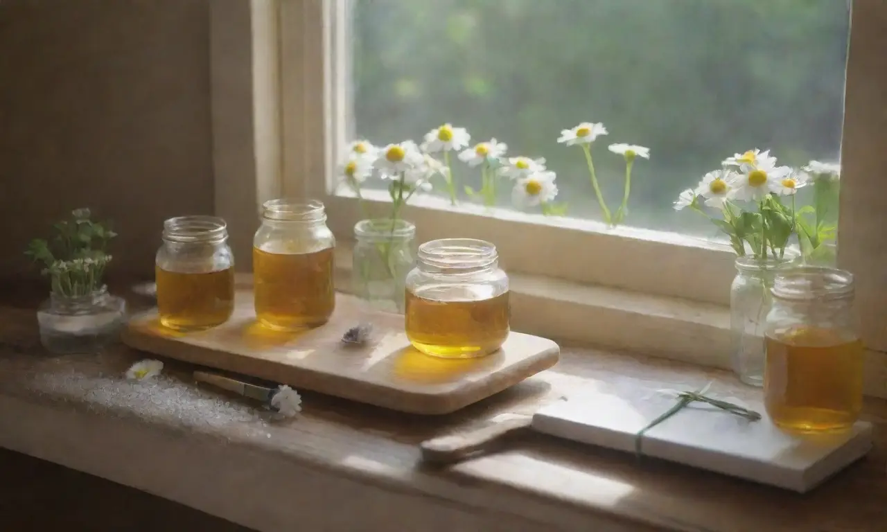 Un acogedor ambiente de cocina con flores de manzanilla, miel, y una taza de agua caliente