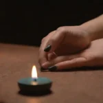 Una imagen calmante y serena de una persona meditando con un clavo (nail) en primer plano