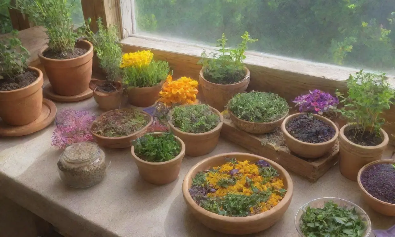 Un colorido y acogedor rincón de cocina lleno de hierbas frescas, especias y frutas