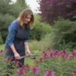 Jardinero cosechando plantas monarda con flores vibrantes en un exuberante entorno de jardín.