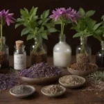 Las hierbas Monarda se exhiben junto con símbolos y remedios de salud respiratoria.
