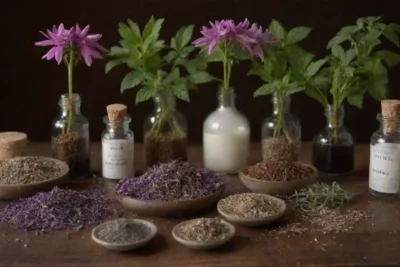 Las hierbas Monarda se exhiben junto con símbolos y remedios de salud respiratoria.