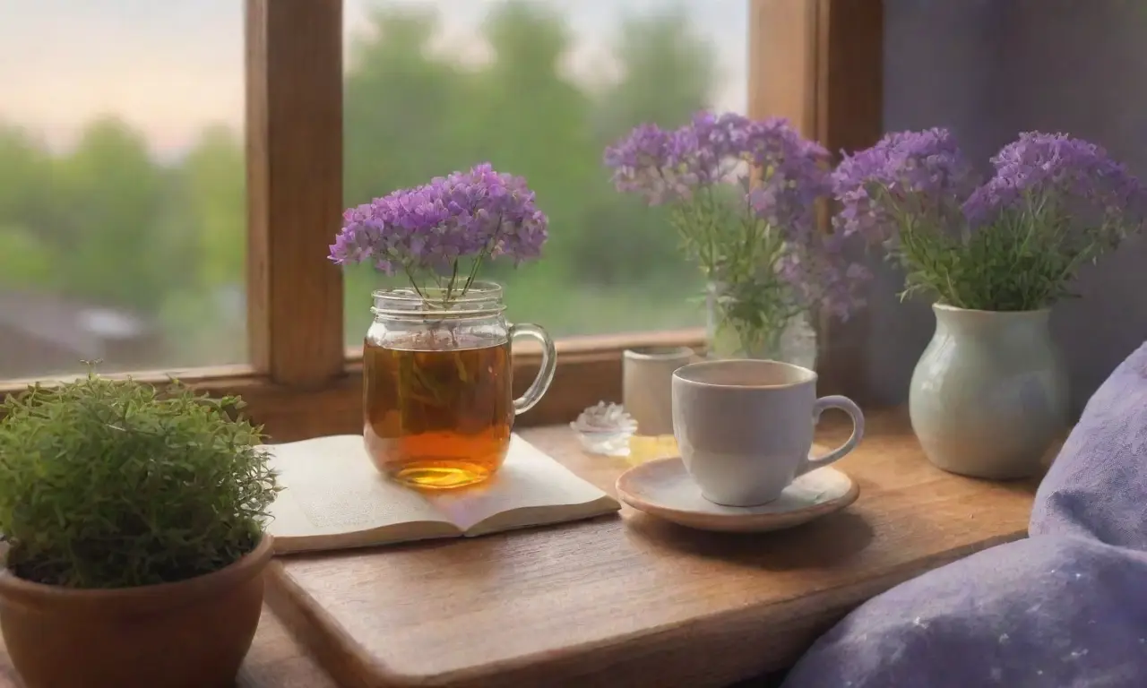 Un ambiente sereno con flores, té, y una noche estrellada invita al descanso