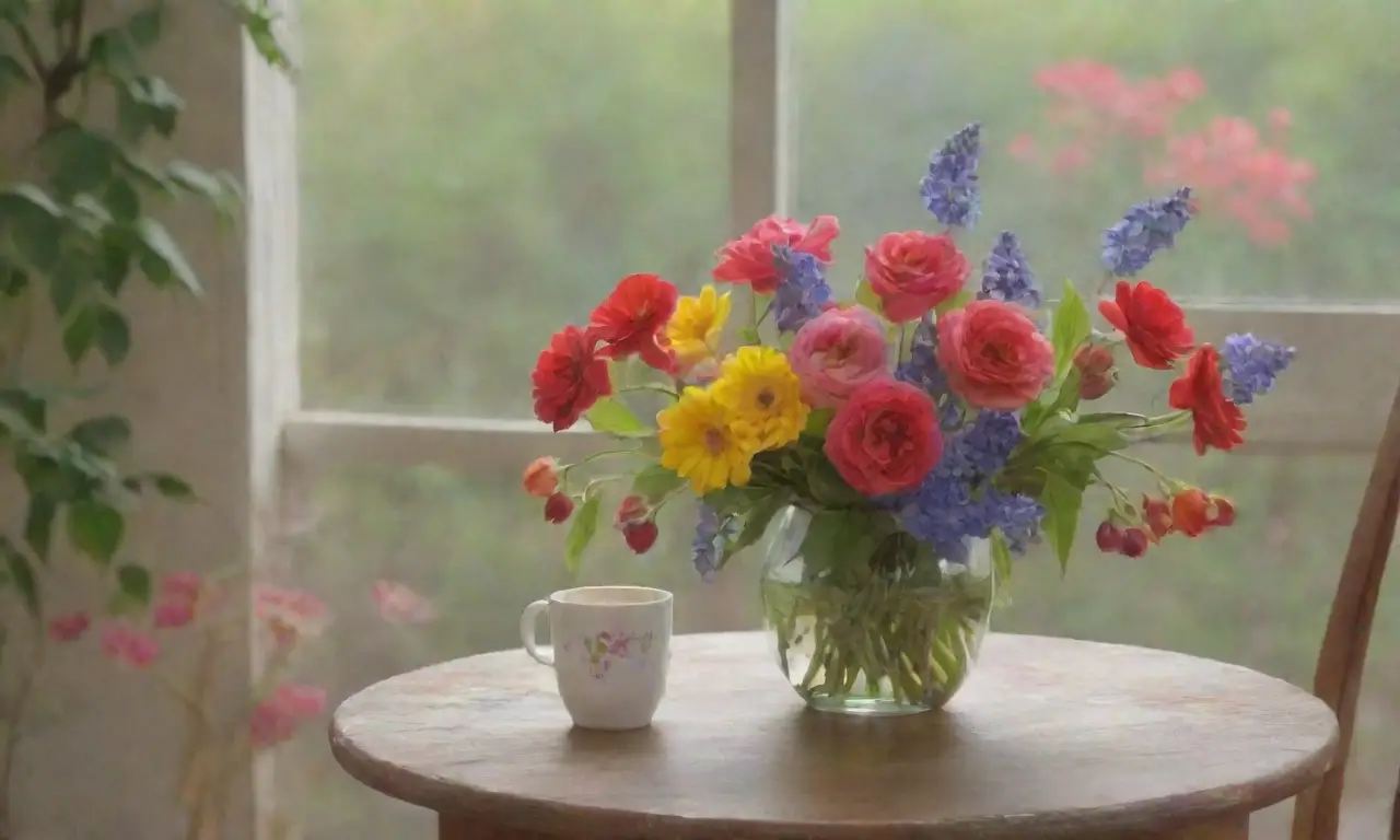 Un jardín sereno lleno de flores vibrantes y colores alegres