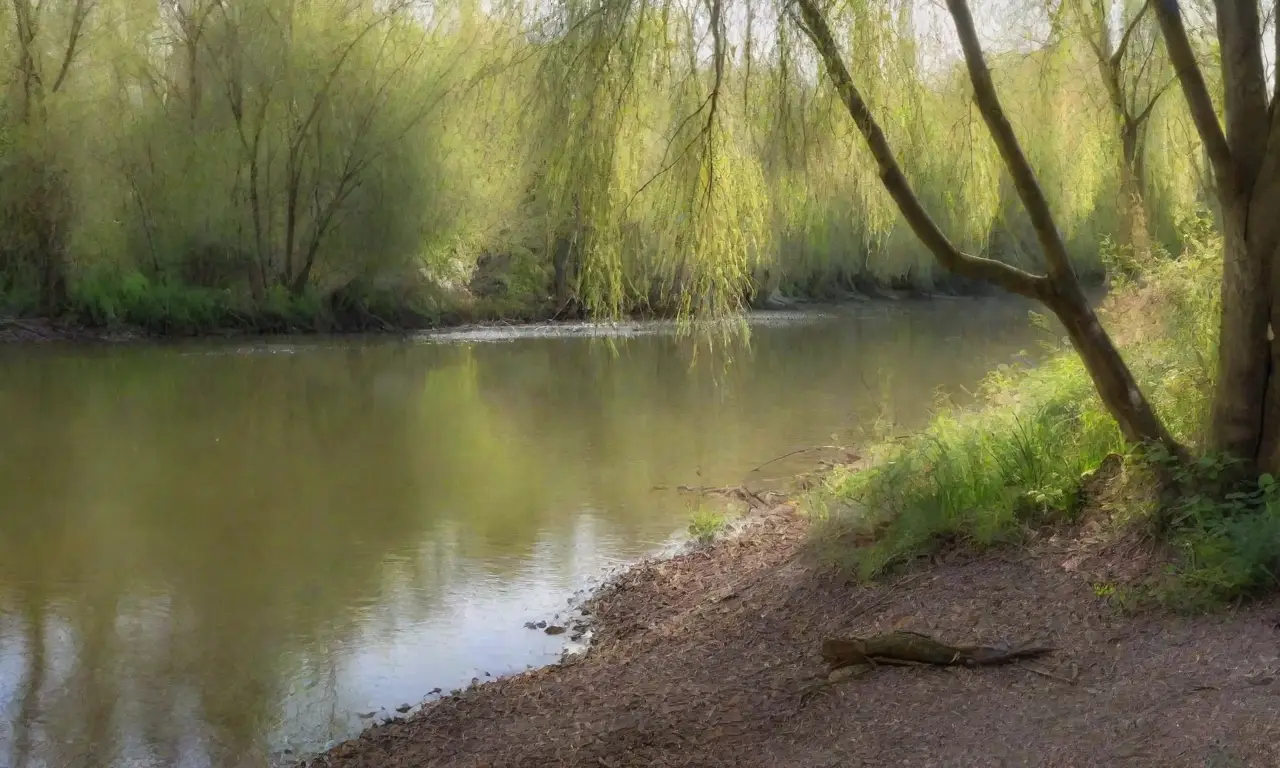 Un paisaje sereno de sauces con luz suave, agua brillante y detalles naturales