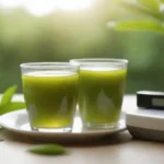 Una taza de té verde junto a dispositivos de monitoreo de glucosa y hojas verdes frescas.