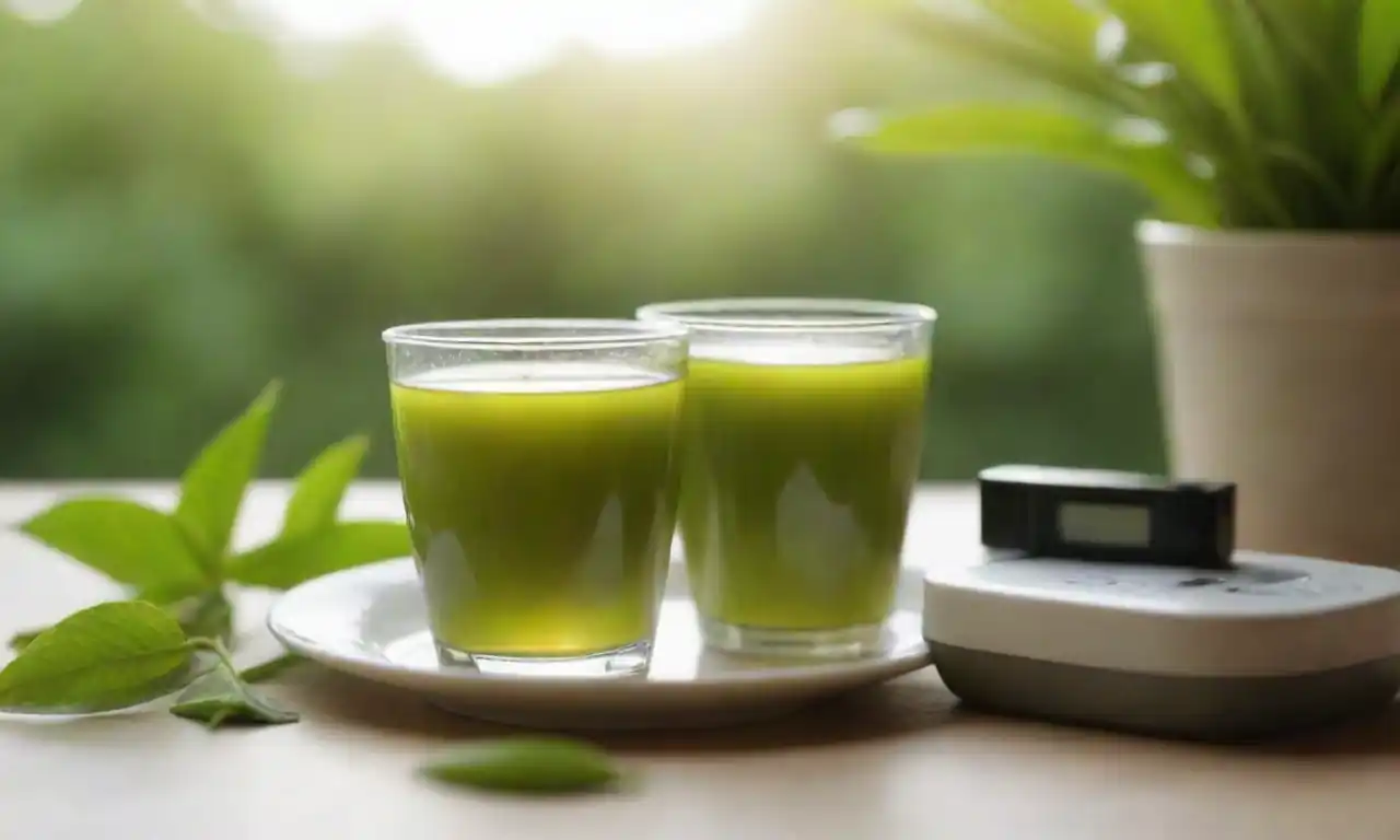 Una taza de té verde junto a dispositivos de monitoreo de glucosa y hojas verdes frescas.