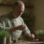 Un herbalista mezclando plantas tradicionales con técnicas modernas en un taller sereno.