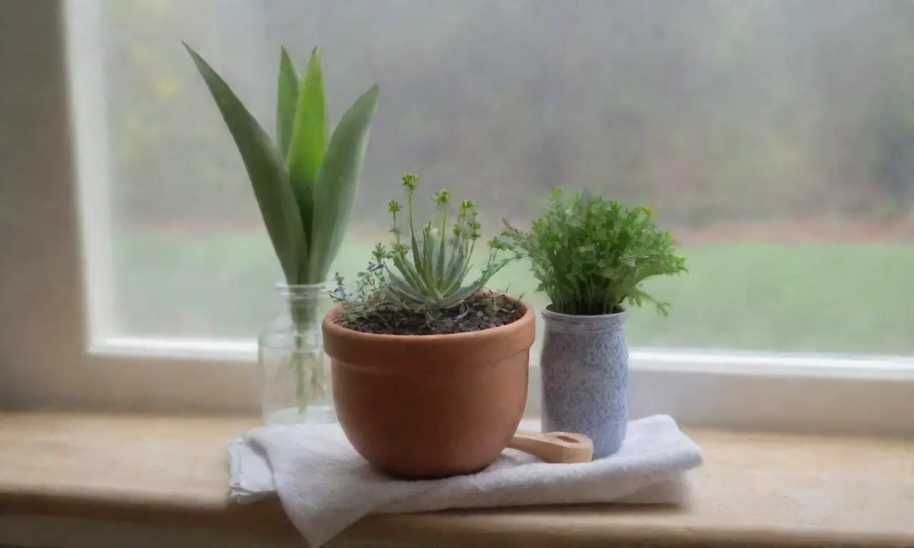 Un baño sereno con luz natural, hierbas frescas, aromas relajantes y una atmósfera tranquila
