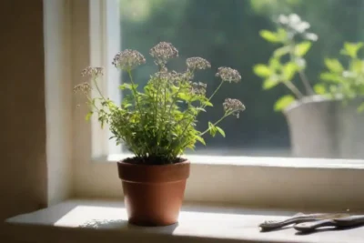 Una pequeña olla de plantas valerianas en un soleado ventanal con herramientas de jardinería cercanas.
