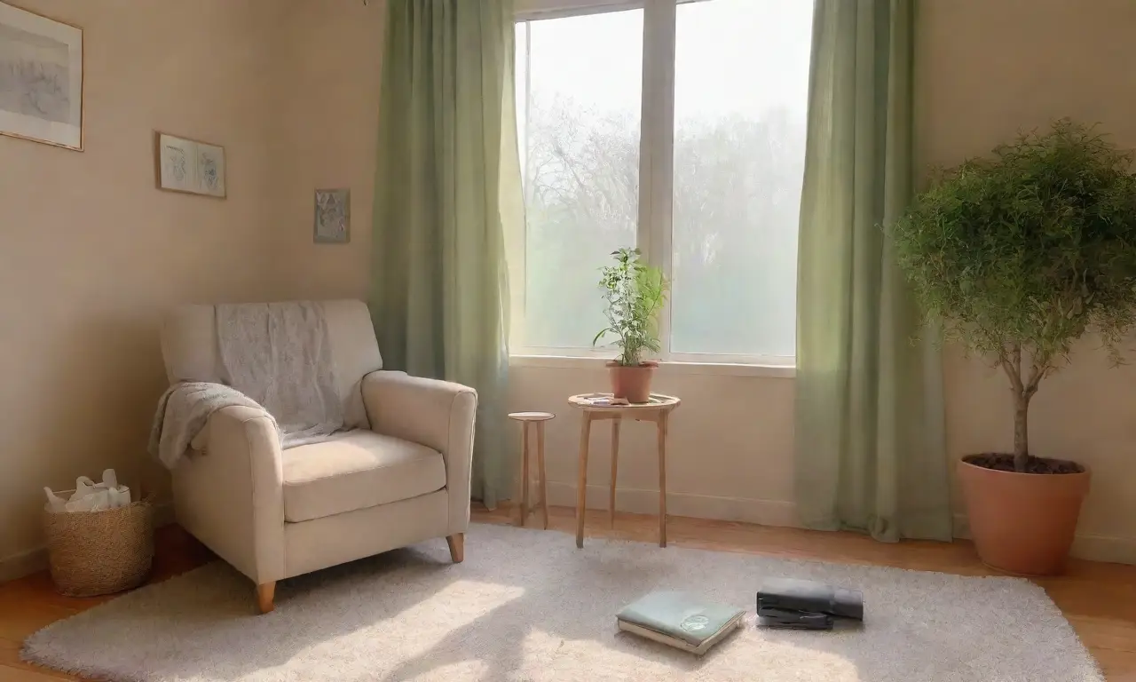 Un ambiente sereno y acogedor con colores suaves, una silla cómoda y aromas relajantes