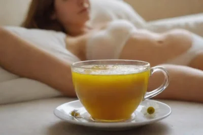 Taza de té de manzanilla junto a una persona que descansa mirando relajada.