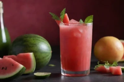 Coctel de sandía Vibrant con adornos e ingredientes mostrados en una mesa.