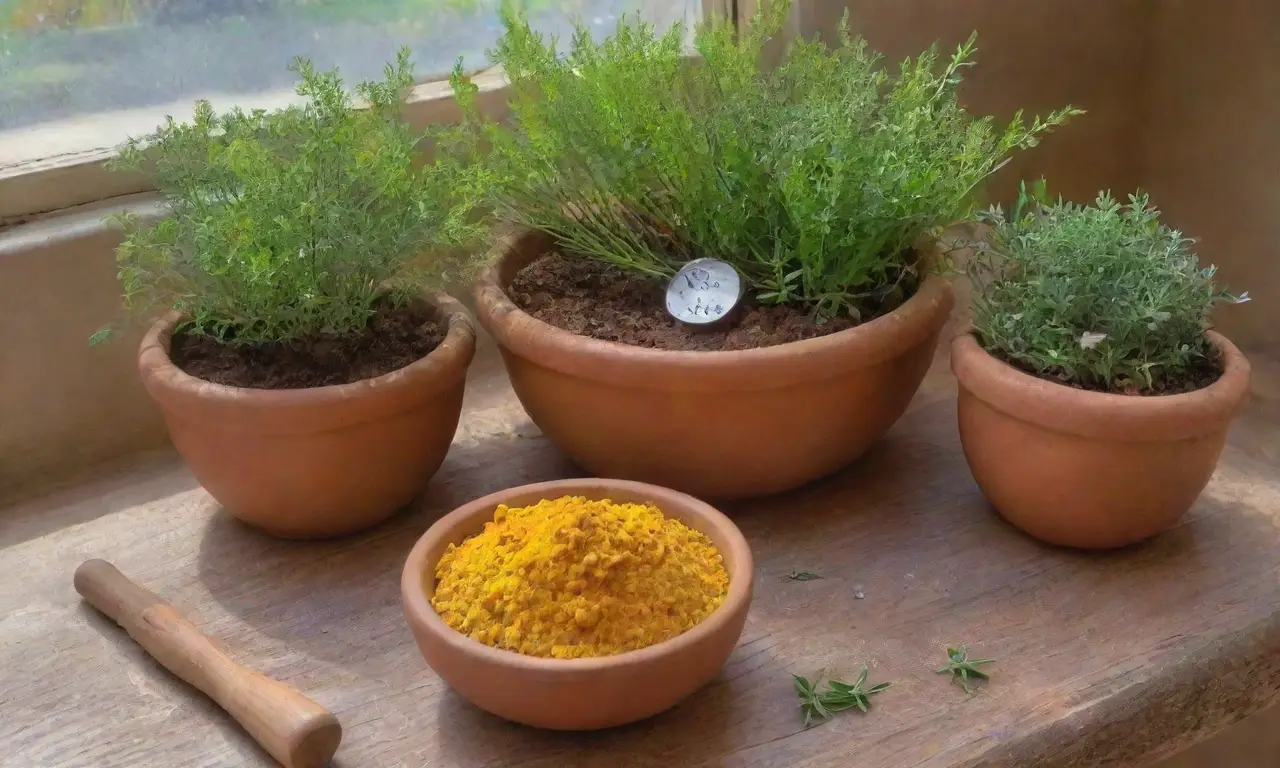 Un rústico escenario de cocina lleno de hierbas frescas, flores delicadas y colores vibrantes