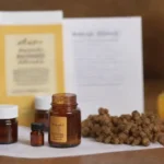 Close-up of propolis products along medical reports and herbal remedies.