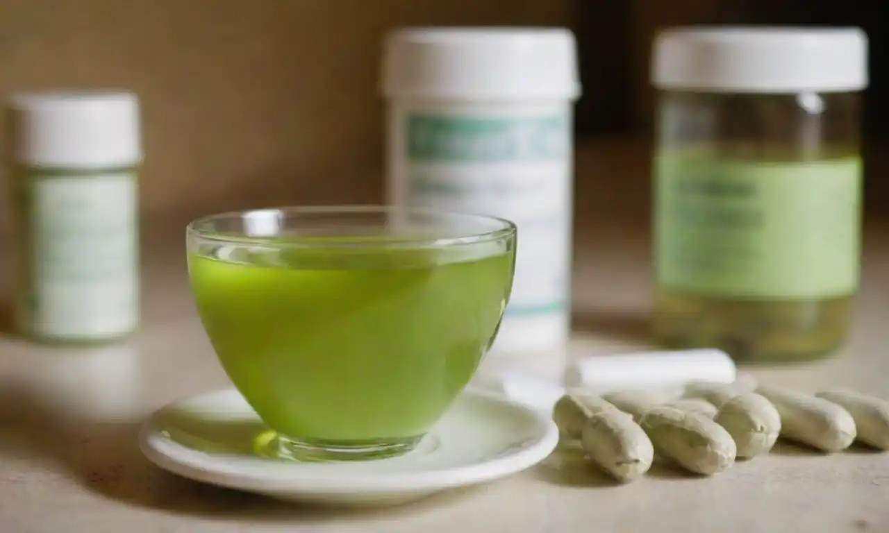 Una taza de té verde junto con varios medicamentos recetados.