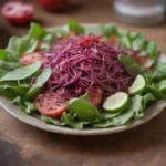 Hojas frescas de monarda agregadas a una ensalada colorida en una mesa rústica.