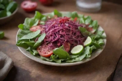 Hojas frescas de monarda agregadas a una ensalada colorida en una mesa rústica.