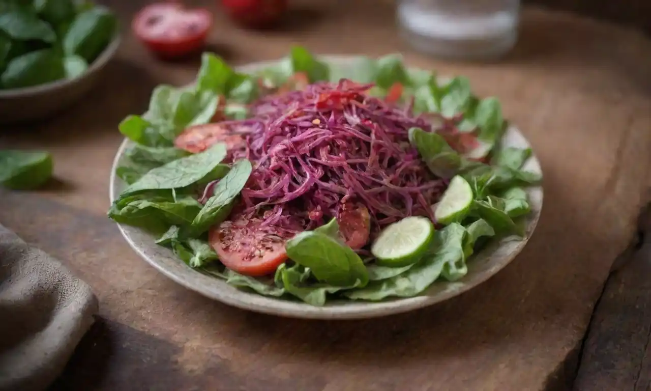 Hojas frescas de monarda agregadas a una ensalada colorida en una mesa rústica.