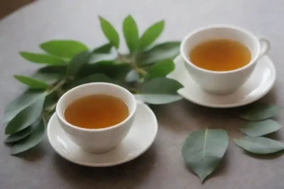 Una guía visual paso a paso que muestra hojas de eucalipto y una taza de té elaborado.