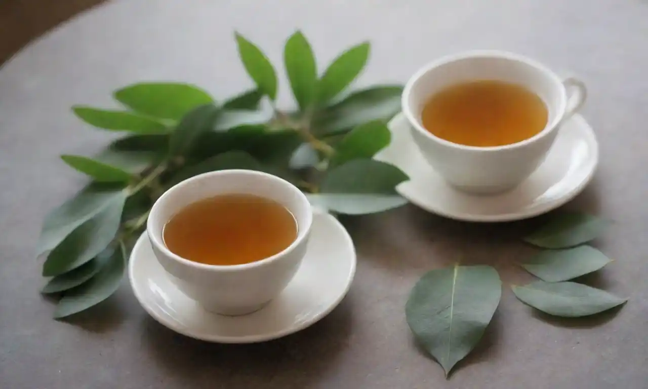 Una guía visual paso a paso que muestra hojas de eucalipto y una taza de té elaborado.