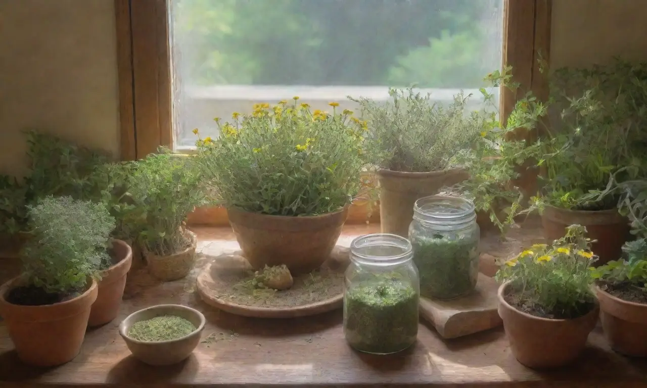 Un acogedor rincón de cocina con hierbas frescas